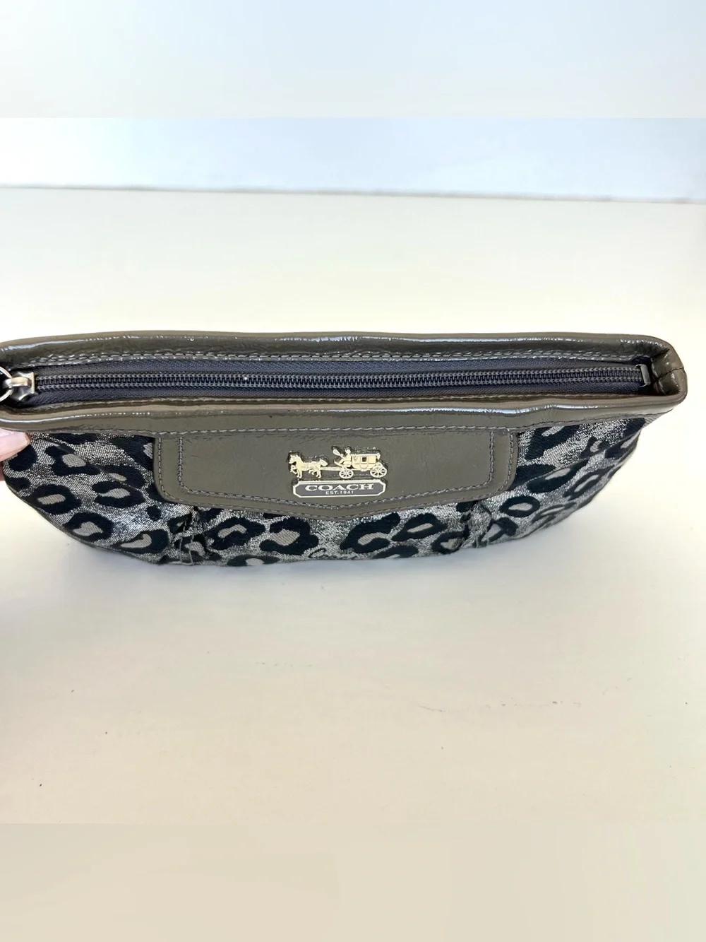 COACH Taupe Patent Leather Black Silver Leopard Print Zipper Clutch Wristlet